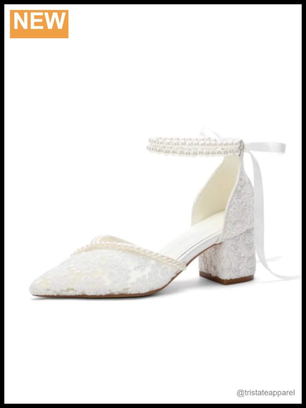 Lace Pearl Embellished Wedding Heels Block Heel Ankle Strap